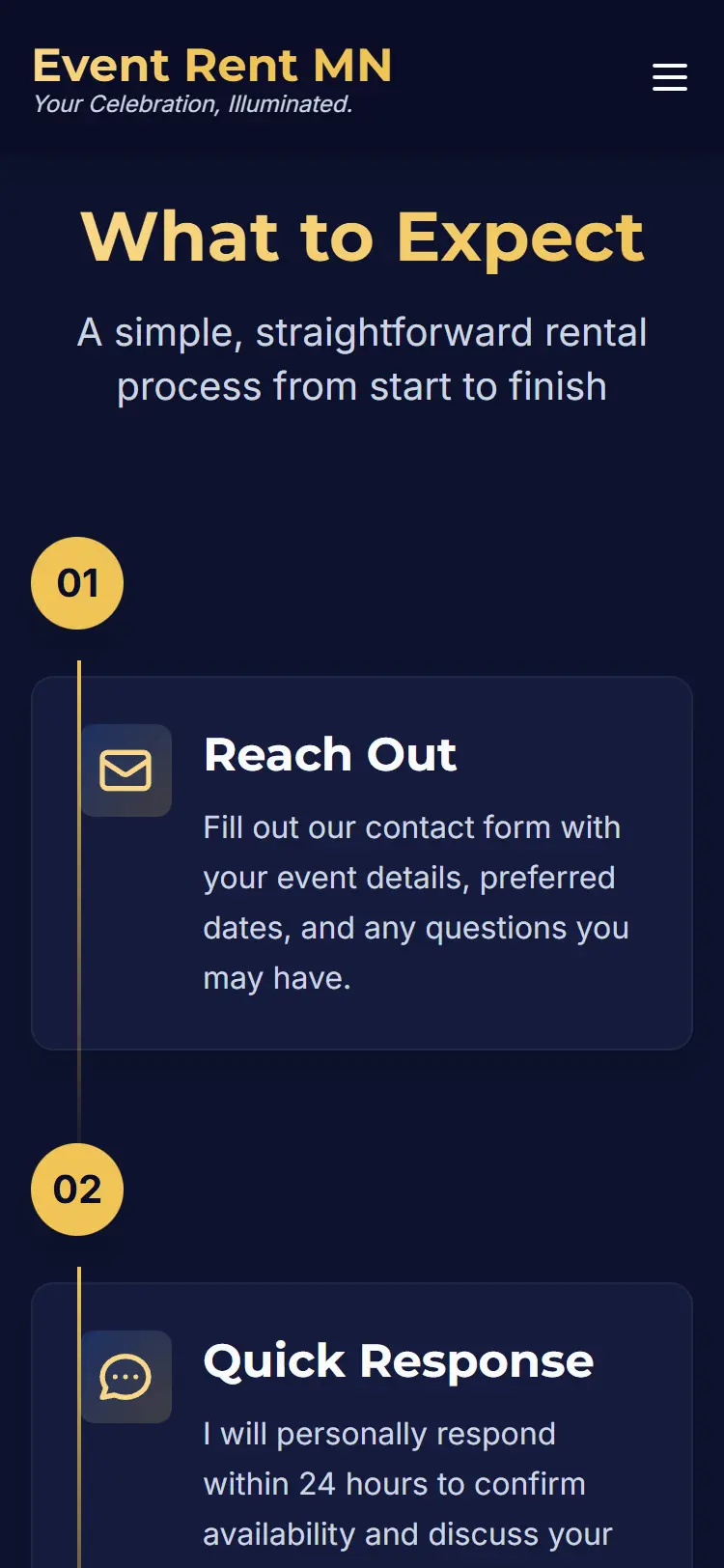 Event Rent MN mobile view with marquee letters